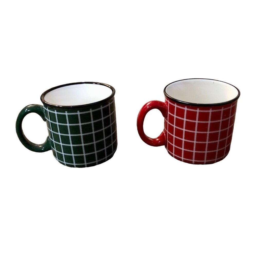 2021 Hallmark Plaid Christmas Mugs — Set of 2, Red & Green, NEW Open Box